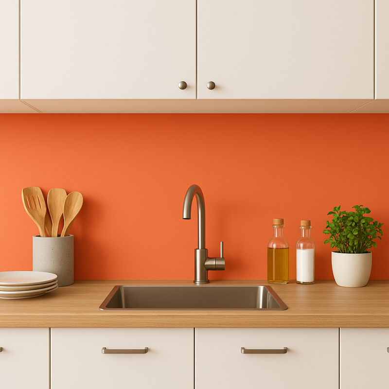 Crédence de cuisine orange corail sur mesure. Livraison gratuite !