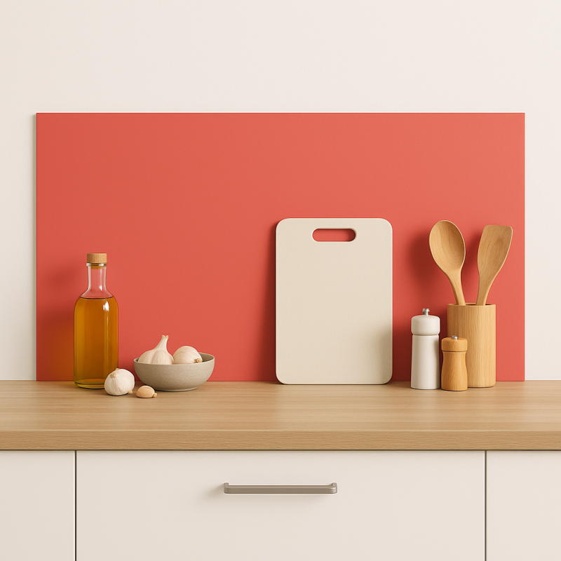 Crédence de cuisine rose pamplemousse sur mesure. Livraison gratuite !