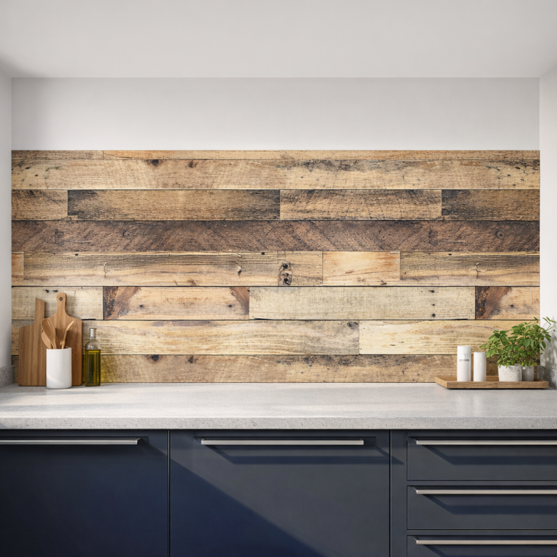 Crédence cuisine motif bois rustique mise en situation